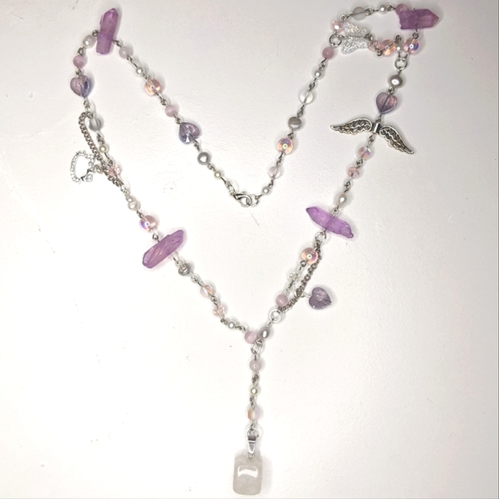 Necklace with pearls purple and pink crystal beads and chain Handmade by me. - Picture 4 of 7